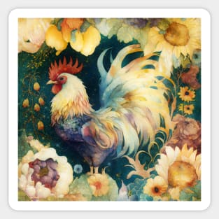 Cute Watercolor Floral Rooster, Farm Animal Sticker